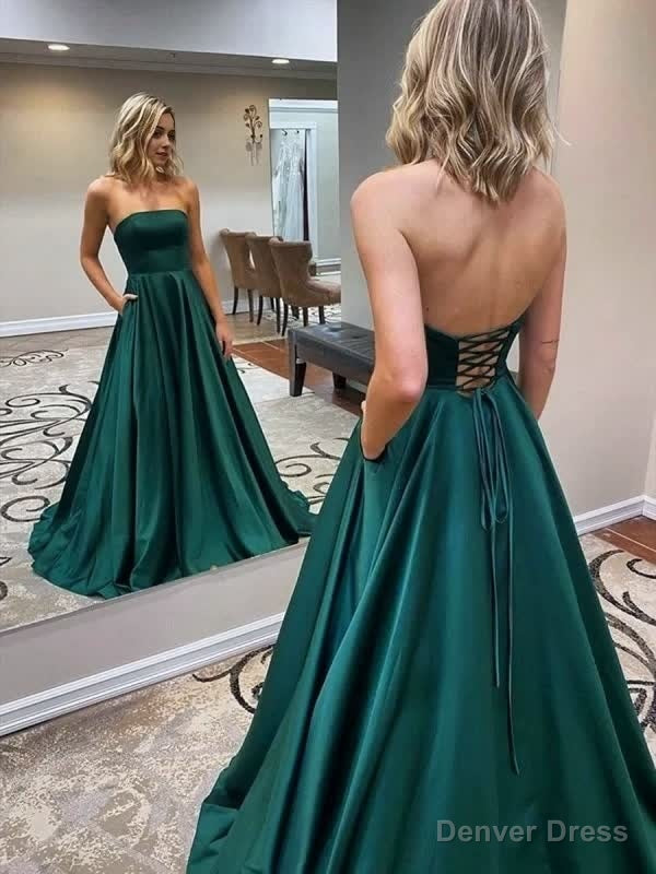 Strapless Backless Emerald Green Long Prom with Pocket, Backless Emerald Green Formal Graduation Evening