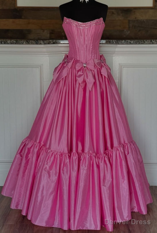 Strapless Ball Gowns Long Prom Dresses with Beading and Bow