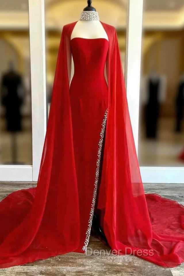 Strapless Beaded Side Slit Red Long Prom Dresses With Cape Main image