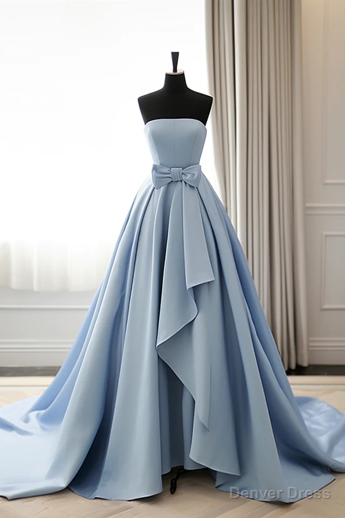 Strapless Blue Satin High Low Prom Dresses, High Low Blue Formal Evening Dresses Main image