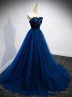 Strapless Blue Velvet Long Prom Dress, Blue Velvet Long Prom Graduation Dresses