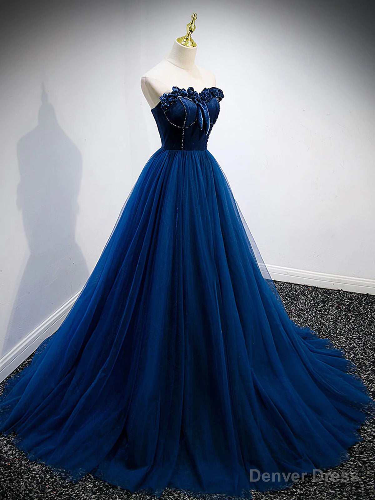 Strapless Blue Velvet Long Prom Dress, Blue Velvet Long Prom Graduation Dresses