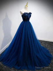 Strapless Blue Velvet Long Prom Dresses, Blue Velvet Long Formal Graduation Dresses