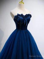 Strapless Blue Velvet Long Prom Dress, Blue Velvet Long Prom Graduation Dresses