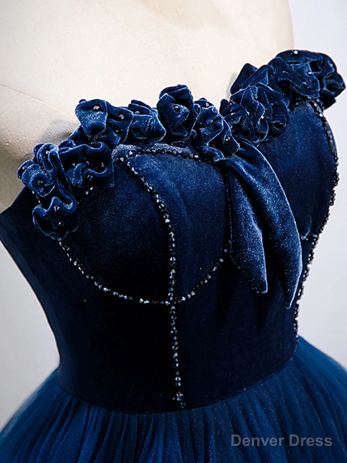Strapless Blue Velvet Long Prom Dress, Blue Velvet Long Prom Graduation Dresses