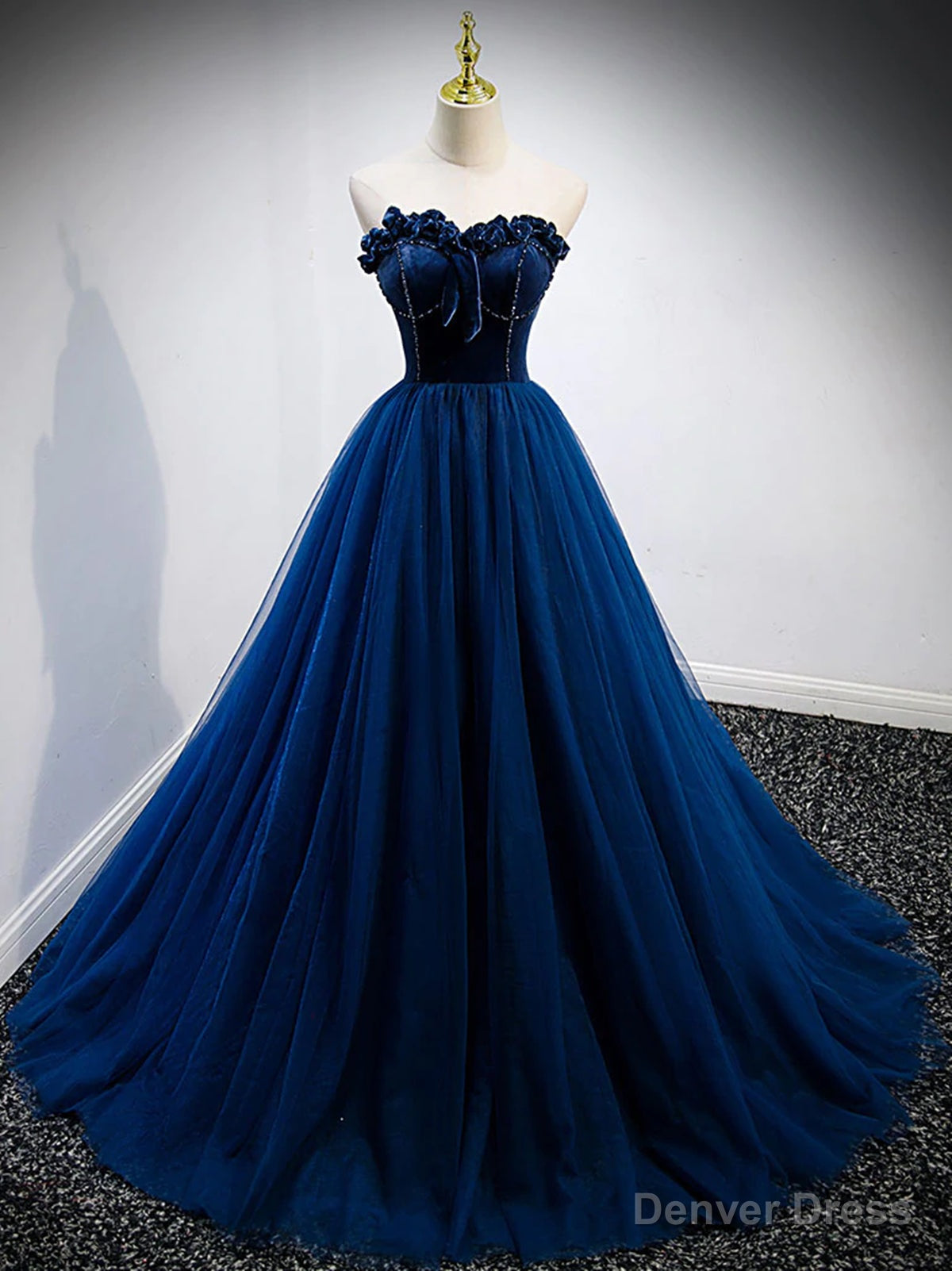Strapless Blue Velvet Long Prom Dress, Blue Velvet Long Prom Graduation Dresses