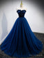 Strapless Blue Velvet Long Prom Dress, Blue Velvet Long Prom Graduation Dresses