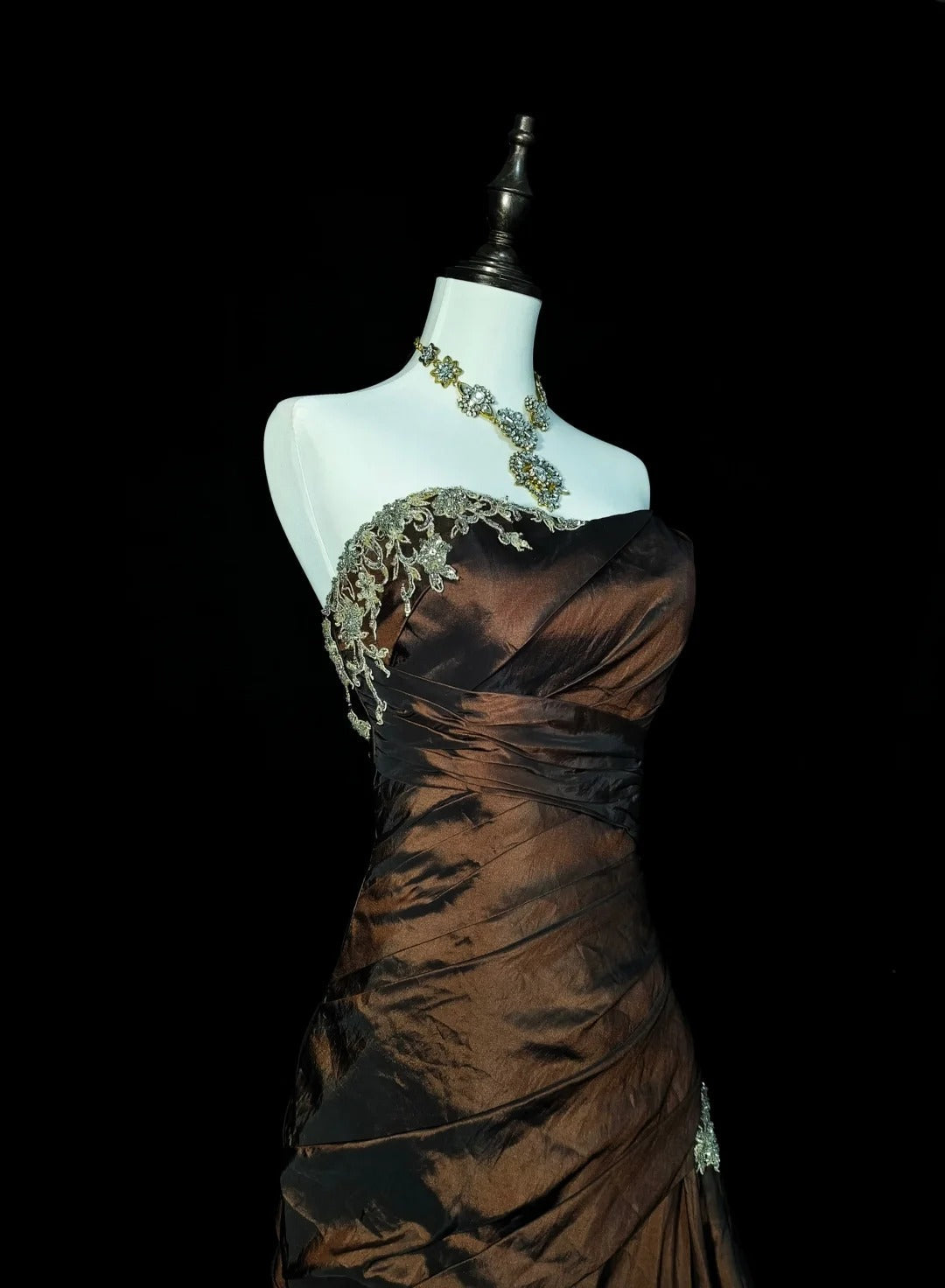 Strapless Brown Vintage Prom Dresses, Sleeveless Long Prom Gown Secondary image