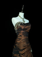Strapless Brown Vintage Prom Dresses, Sleeveless Long Prom Gown