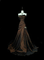 Strapless Brown Vintage Prom Dresses, Sleeveless Long Prom Gown