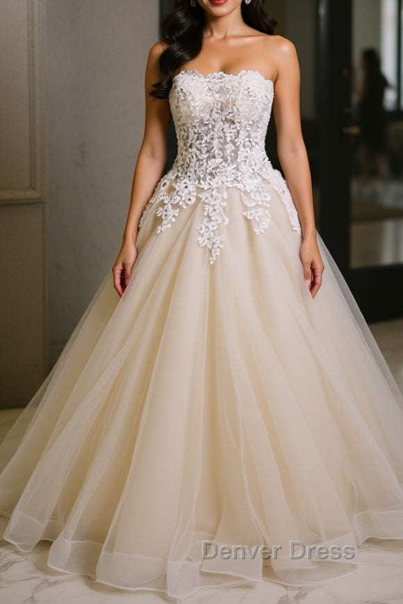Strapless Champagne Long Prom Dress with Lace Appliques, Champagne Lace Prom Dresses