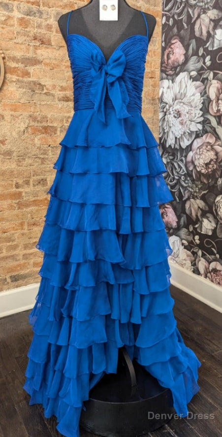 Strapless Chiffon Ruffle Long Prom Dresses with Bow on Bodice Main image
