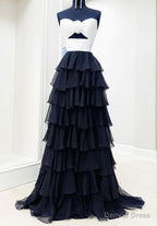 Strapless Chiffon Ruffle Long Prom Dresses with Keyhole in Bodice