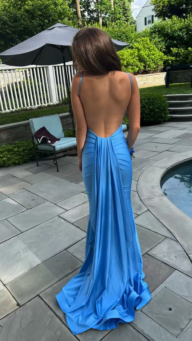Sexy Blue Mermaid Prom Dress,Open Back Long Prom Dresses