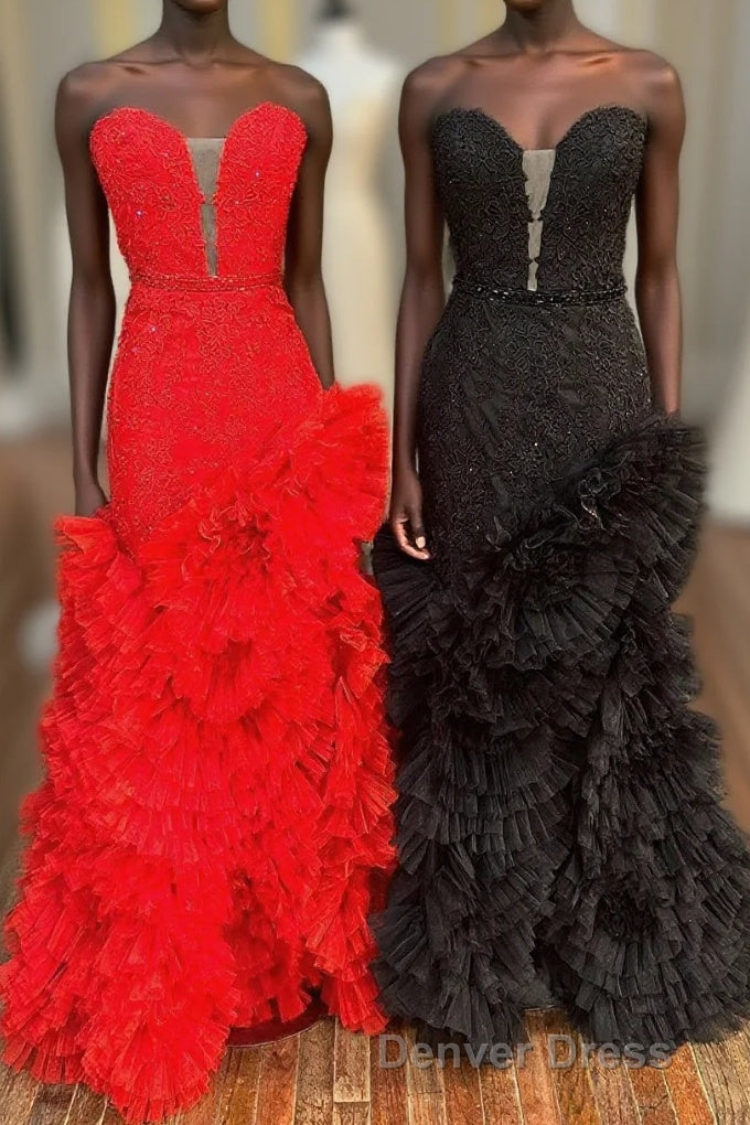 Strapless Cut Out Back Ruffle Layers Mermaid Prom Dresses