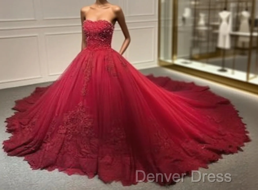 Strapless Dark Red Ball Gown Lace Appliques Pearls Crystals Sequins Beaded Wedding Dresses Prom Dresses Main image
