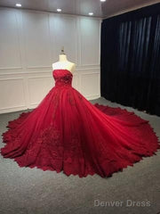 Strapless Dark Red Ball Gown Lace Appliques Pearls Crystals Sequins Beaded Wedding Dresses Prom Dress