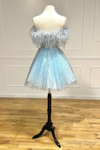Strapless Feather A Line Cute Homecoming Dresses