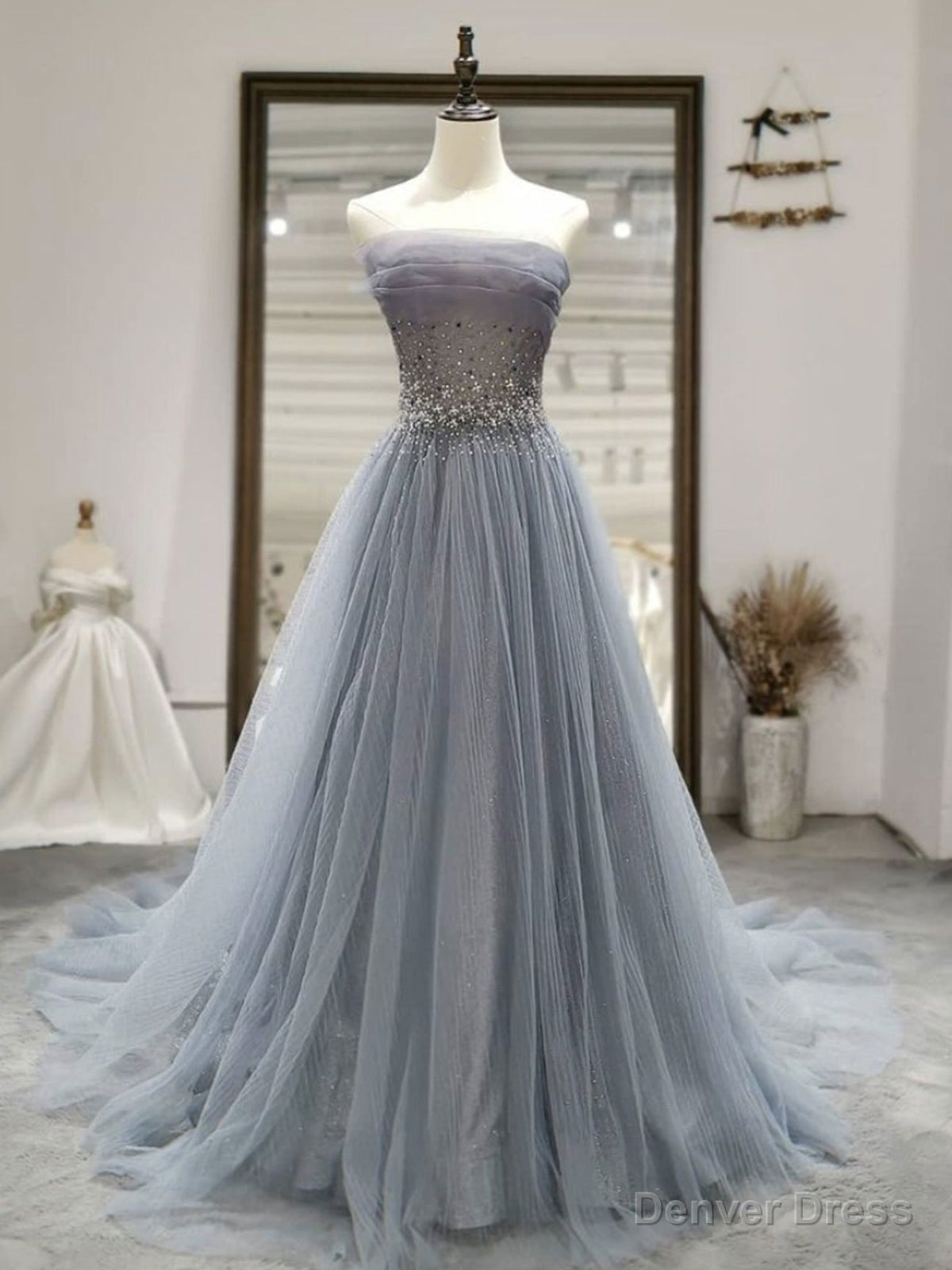 Strapless Gray Tulle Long Prom Dress, Strapless Gray Long Prom Dresses