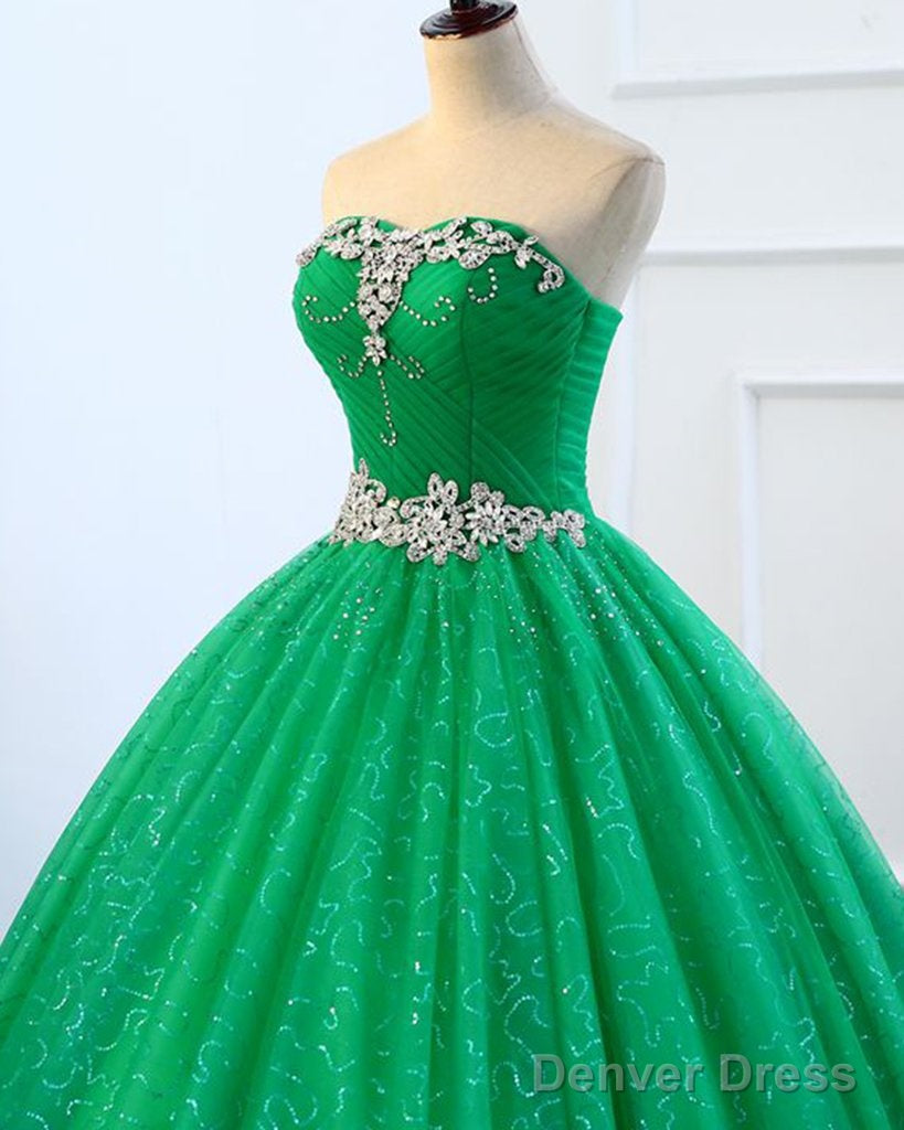 Strapless Green Sequins Tulle Long A Line Beaded Prom Dress, Formal Dress Secondary image