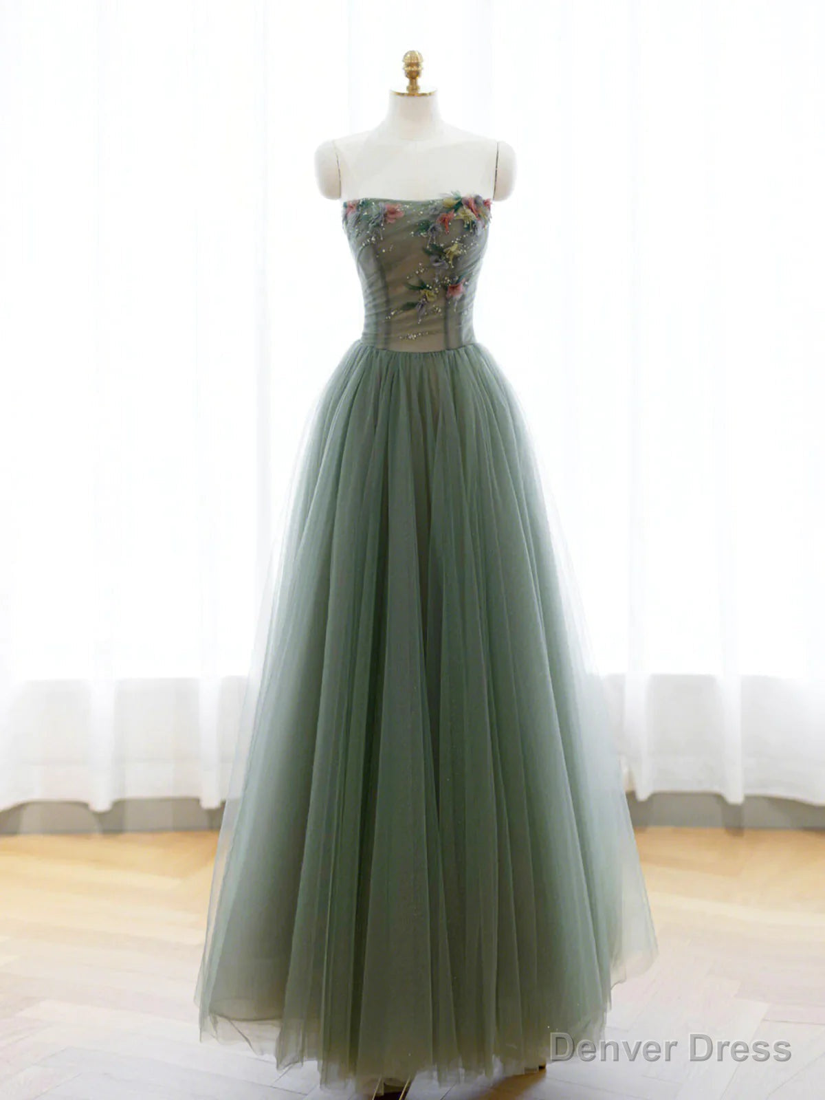 Strapless Green Tulle Floral Long Prom Dresses, Green Tulle Floral Formal Evening Dresses Secondary image