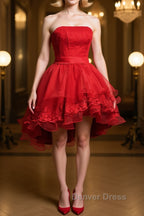 Strapless High Low Red Lace Prom Dress, High Low Red Homecoming Dress, Short Red Lace Prom Graduation Prom Dresses