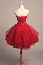 Strapless High Low Red Lace Prom Dress, High Low Red Homecoming Dress, Short Red Lace Prom Graduation Prom Dresses