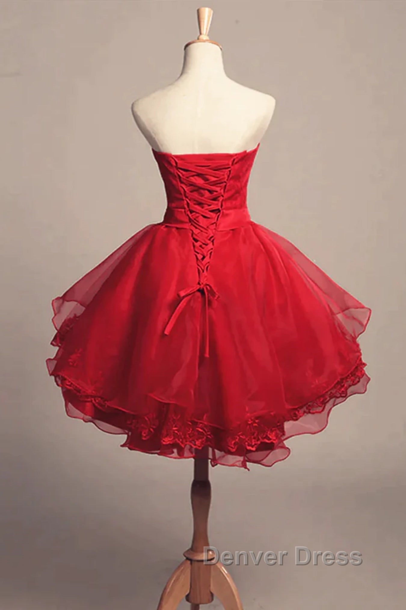Strapless High Low Red Lace Prom Dress, High Low Red Homecoming Dress, Short Red Lace Prom Graduation Prom Dresses