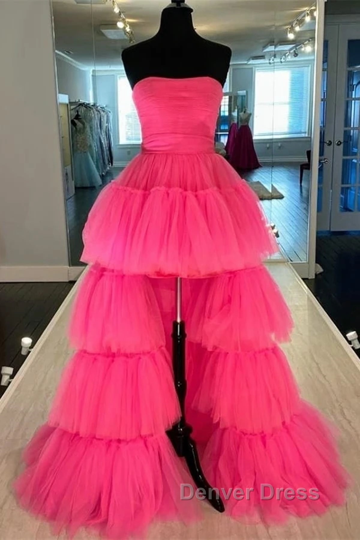 Strapless Hot Pink High Low Prom Dress, Hot Pink High Low Prom Homecoming Dresses