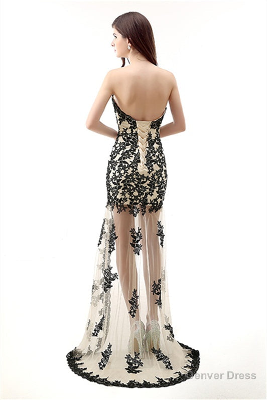 Strapless Lace Appliqued Chiffon Asymmetrical Prom Dresses