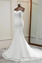 Strapless Lace Appliques Bride Gowns Long Mermaid Wedding Gowns With Beadings