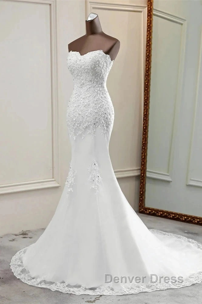 Strapless Lace Appliques Bride Gowns Long Mermaid Wedding Gowns With Beadings