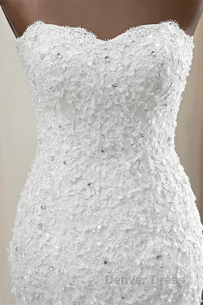 Strapless Lace Appliques Bride Gowns Long Mermaid Wedding Gowns With Beadings