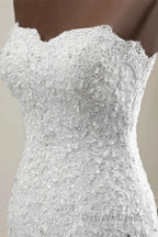 Strapless Lace Appliques Bride Gowns Long Mermaid Wedding Gowns With Beadings