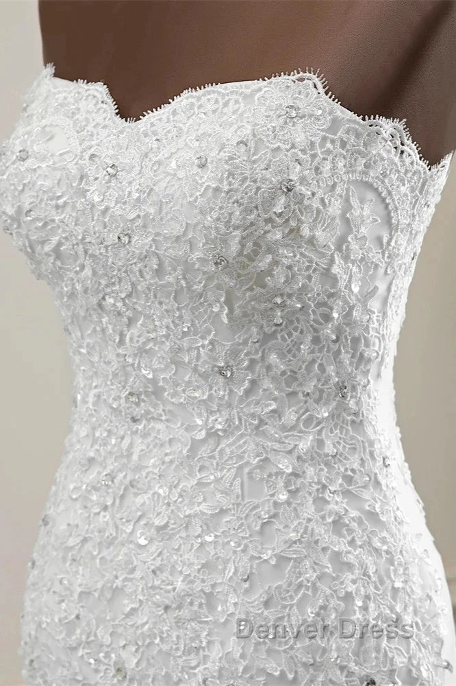 Strapless Lace Appliques Bride Gowns Long Mermaid Wedding Gowns With Beadings