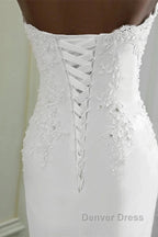 Strapless Lace Appliques Bride Gowns Long Mermaid Wedding Gowns With Beadings
