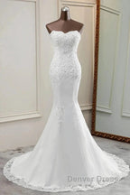Strapless Lace Appliques Bride Gowns Long Mermaid Wedding Gowns With Beadings