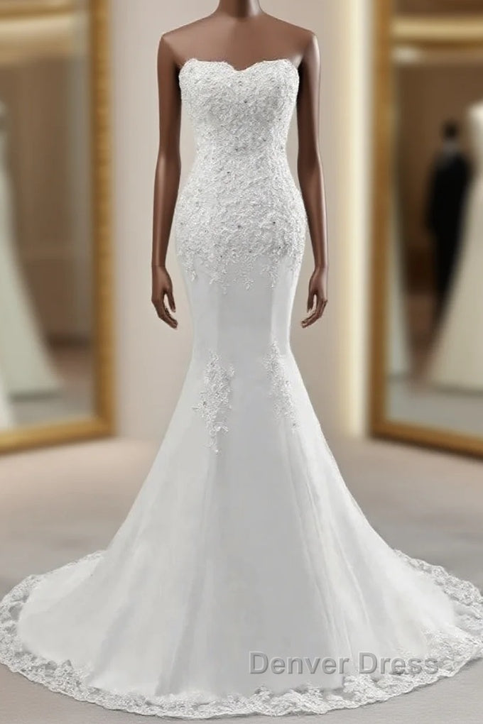 Strapless Lace Appliques Bride Gown Long Mermaid Wedding Gown With Beadings Main image