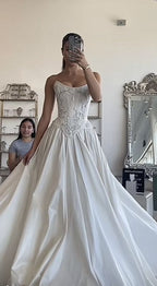 Strapless Lace Satin White Vintage Wedding Dresses,