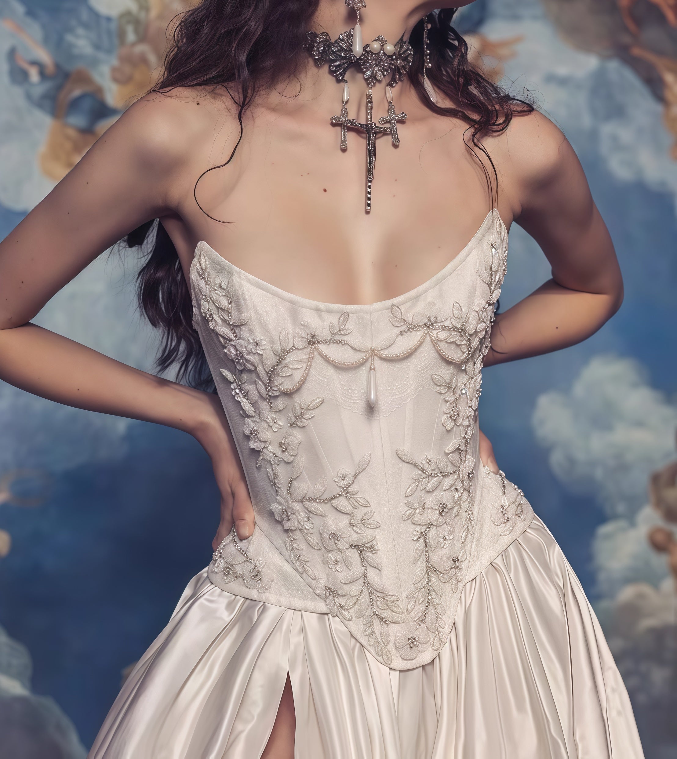 Strapless Lace Satin White Vintage Wedding Dresses,