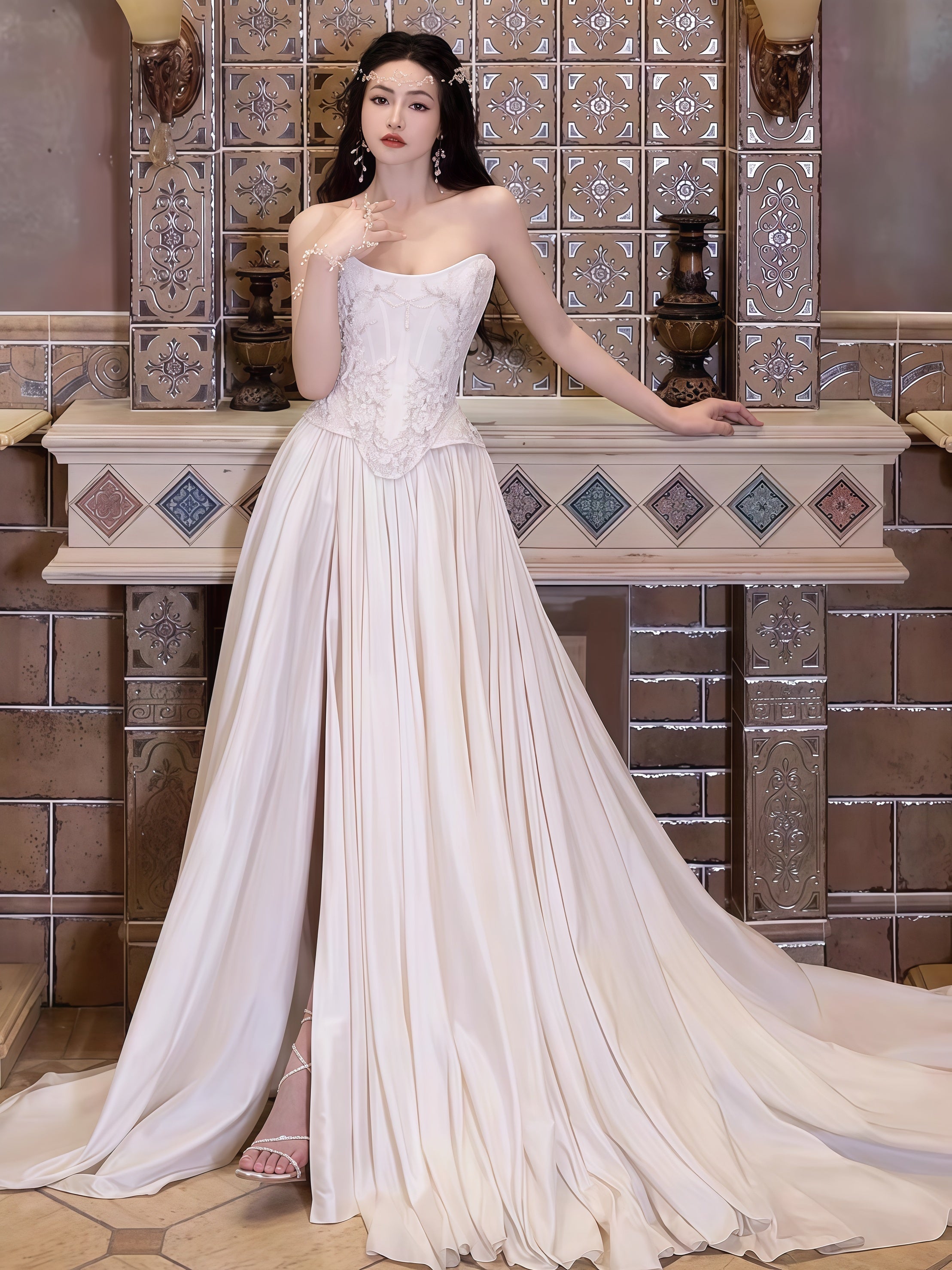 Strapless Lace Satin White Vintage Wedding Dresses,