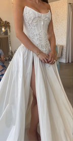 Strapless Lace Satin White Vintage Wedding Dresses,