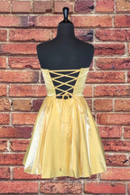 Strapless Lace-Up Yellow Satin Homecoming Dresses,Short Cocktail Dresses
