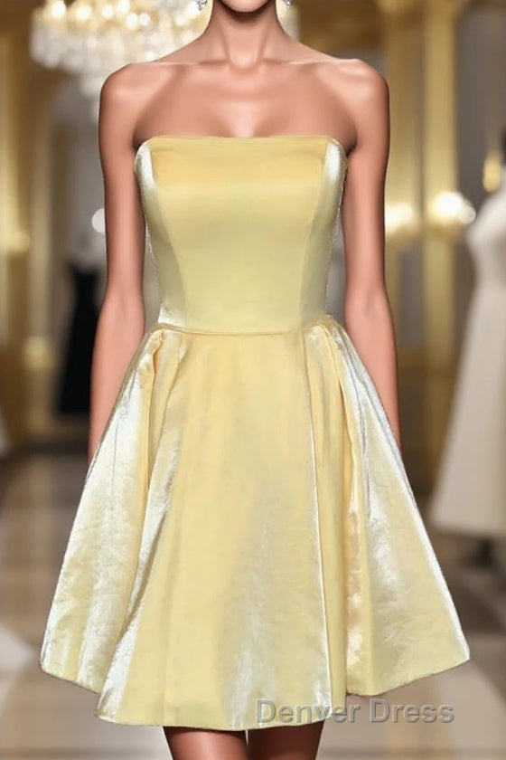 Strapless Lace Up Yellow Satin Homecoming Dress,Short Cocktail Dresses
