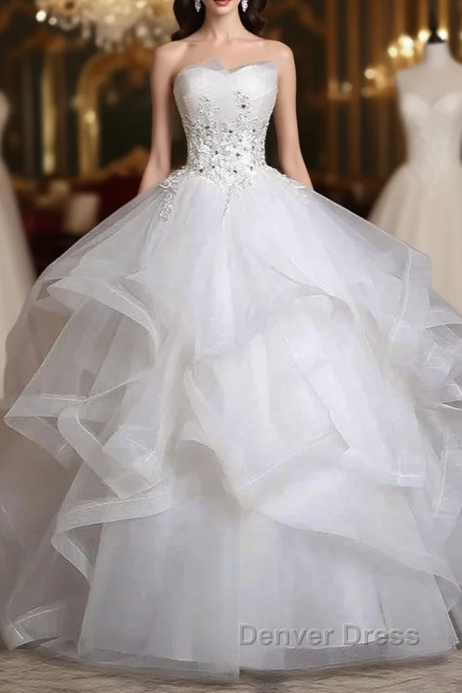 Strapless Layers Wedding Gowns With Appliques Beadings