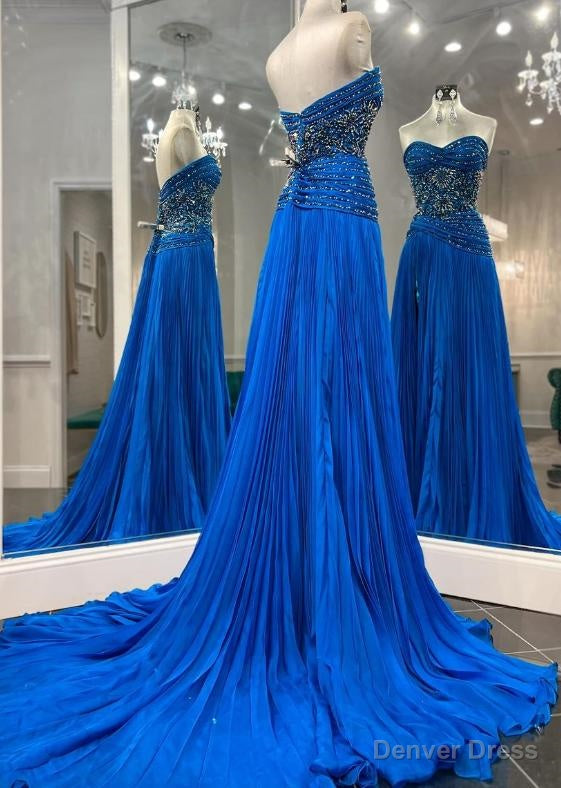 Strapless Long Prom Dresses with Beading and Slit