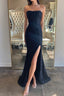 Strapless Mermaid Dark Blue Lace Long Prom Dress, Mermaid Dark Blue Lace Prom Dress, Dark Blue Lace Prom Dresses