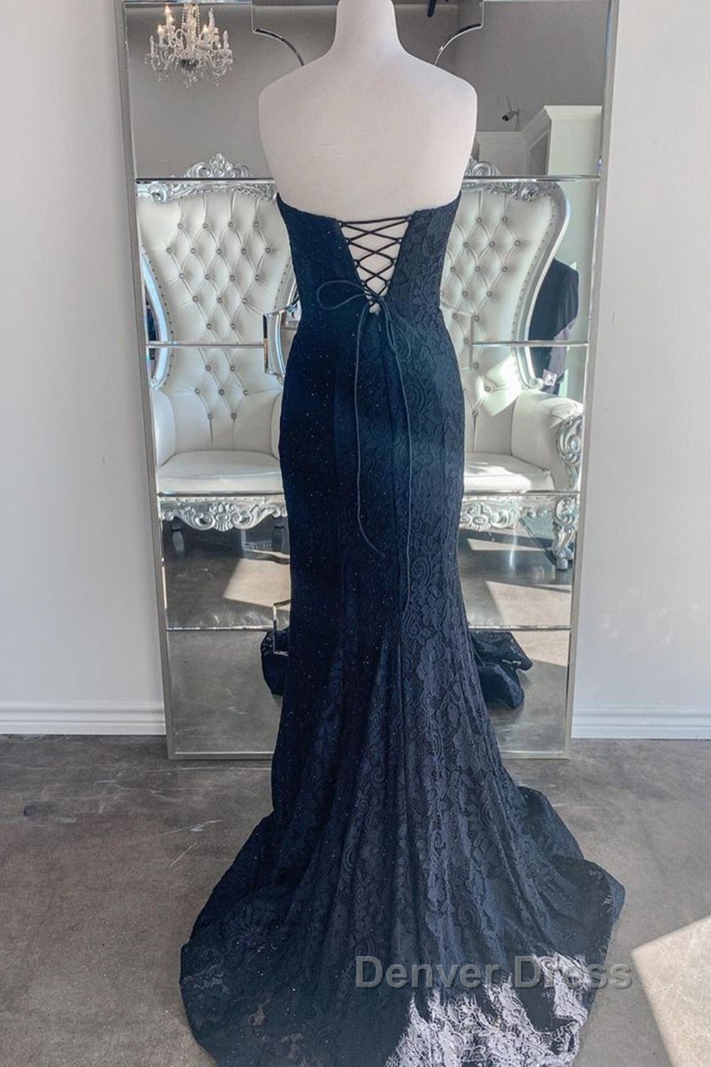Strapless Mermaid Dark Blue Lace Long Prom Dress, Mermaid Dark Blue Lace Prom Dress, Dark Blue Lace Prom Dresses Secondary image