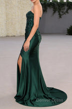 Strapless Mermaid Dark Green Sequin Prom Dresses with Slit