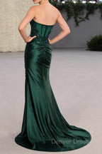 Strapless Mermaid Dark Green Sequin Prom Dresses with Slit